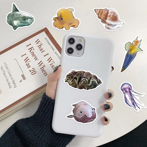 Gros plan d'autocollants marins décorant une coque de téléphone aux motifs variés