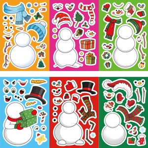 Detail of six colorful DIY Christmas snowman stickers with various festive accessories