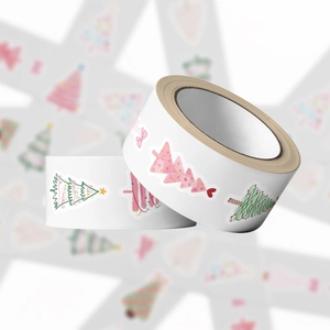 Detailed view of Christmas tree sticker rolls for holiday gift wrapping and DIY decor