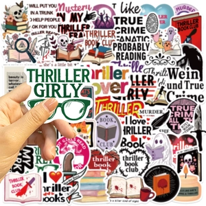 Close-up of waterproof Thriller Book Club vinyl stickers for laptops and journals