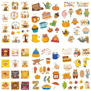 Autumn themed DIY stickers with cute animals pumpkins and fall leaves for decoration