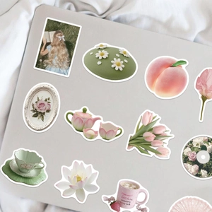 50pcs vintage French aesthetic stickers featuring peach tulips and floral motifs for DIY laptop