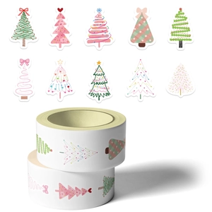 Close-up of 10 unique Christmas tree designs on high-quality washi tape rolls for decoration