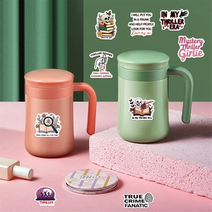 Waterproof thriller book stickers on pastel mugs with skull and magnifying glass motifs