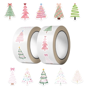 Close-up of decorative Christmas tree sticker rolls for gift wrapping and journals