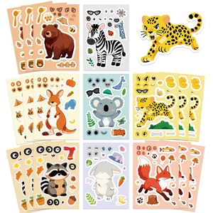 Detail view of DIY cartoon animal make-a-face sticker sheets with colorful safari patterns