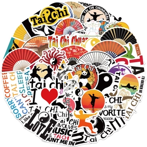 Set of 50 Tai Chi themed stickers featuring Yin Yang, pandas, and martial arts silhouettes