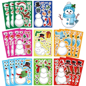 Close-up of colorful DIY snowman sticker set with various hats and winter accessories