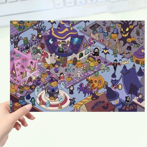 3D Halloween cartoon diorama sticker featuring colorful witch house and ghosts