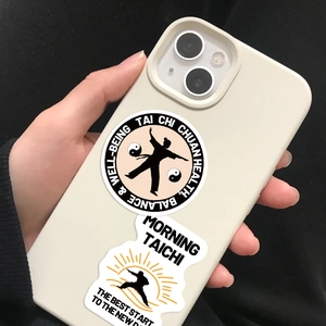 Detail showing waterproof Tai Chi stickers on phone case for decorative laptop DIY usage