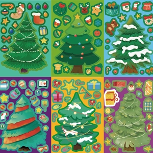 Detail van zes DIY kerstboom sticker vellen met kleurrijke feestelijke decoraties