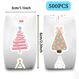 Detailed size view of Christmas tree stickers showing 3cm width and 500 pieces per roll