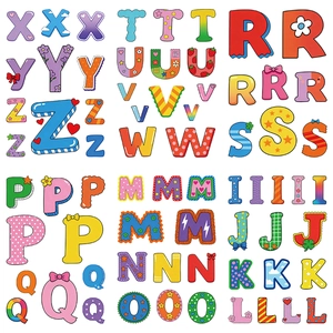 Detailed grid of waterproof cartoon alphabet stickers with various colorful patterns