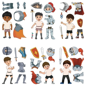Detail of knight cartoon DIY puzzle stickers showing characters and armor accessories
