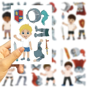 Handheld view of medieval knight DIY sticker set featuring armor pieces for kids' craft