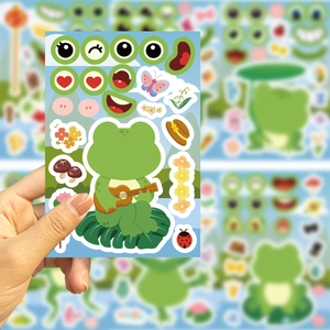 Feuille d'autocollants grenouille dessin animé DIY avec expressions et guitare