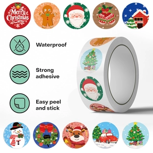 Detail view of waterproof Christmas stickers roll with festive Santa and reindeer designs
