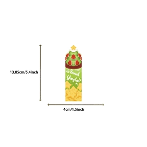 Detail view showing a cartoon strawberry and starfruit paper bookmark, 13.85cm by 4cm size