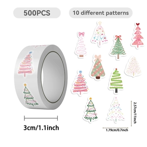 Roll of 500 Christmas tree stickers with 10 unique festive designs for envelopes