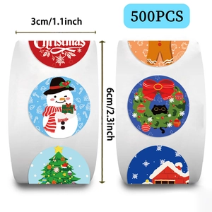 500pcs Christmas round stickers roll with snowman and festive tree patterns for gift decor