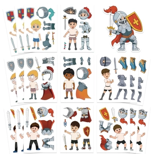 DIY cartoon knight make-a-face sticker set with medieval armor and accessories for kids
