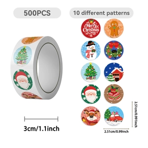 Roll of 500 Christmas cartoon stickers with 10 classic festive patterns and 1 inch size