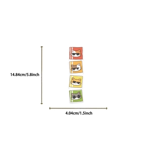 Detailed size specifications for four cartoon cats bookmarks with precise dimensions