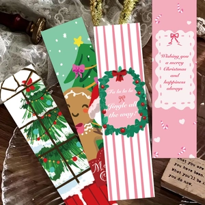 30pcs Cartoon Christmas paper bookmarks with festive gingerbread and tree designs on wood