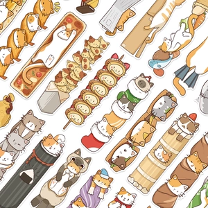 Close-up of cute Japanese cartoon cat bookmarks with creative food and sushi designs