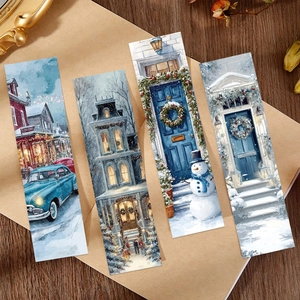 Lot de 4 marque-pages de Noël bleus vintage avec motifs de rues d'hiver et de bonhomme