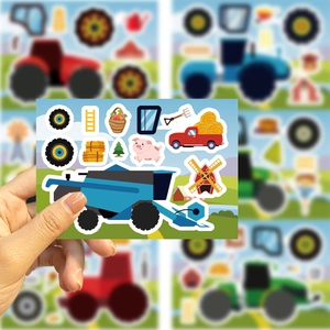 Pegatinas de granja DIY con cosechadora azul, camión rojo y cerditos animados