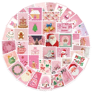 Pink watercolor Christmas stamp stickers with Santa and gingerbread man for DIY decor
