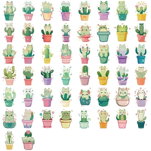 Set of 50 waterproof cartoon cat and cactus stickers for scrapbooking and laptops