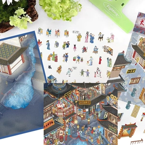 3D miniature cartoon stickers featuring ancient Chinese city scenes for DIY journaling