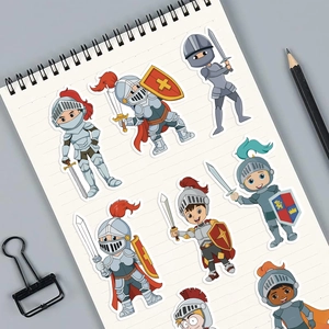 Close-up of cute cartoon knight stickers on a white lined notebook page with pencil