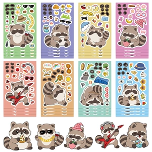 Detailed set of DIY cartoon raccoon stickers with various colorful accessories and faces