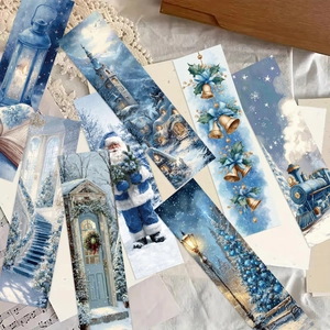 Lot de marque-pages de Noël bleus vintage avec illustrations festives et scènes d'hiver