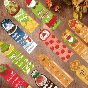 30pcs Cartoon Christmas paper bookmarks with festive tree and snowman designs on wood background
