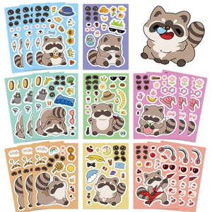 Set of 9 DIY cartoon raccoon stickers with facial expressions and fun accessories
