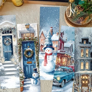 Marque-pages en Papier Cartonné Bleu Noël Vintage Illustration Hivernale Bonhomme de Neige Père Noël Lecture Scrapbooking Matériel DIY Décoratif