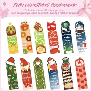 Detailed flat lay of 30 cartoon Christmas bookmarks with Santa and reindeer designs