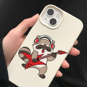 Handheld iPhone case featuring a cute cartoon raccoon playing guitar in a rock style