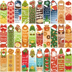 Set of 30 Christmas cartoon paper bookmarks featuring Santa, snowman, and reindeer illustrations