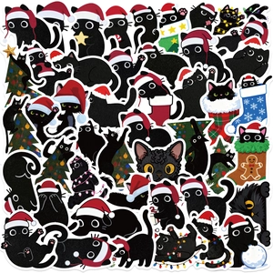 Christmas Black Cat Stickers Waterproof PVC Self-adhesive Vinyl Decals For Laptop Luggage Guitar DIY Festive Decoration Stickers