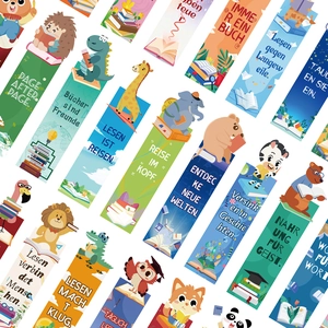 Close-up of paper bookmarks featuring colorful cartoon animals and German reading quotes