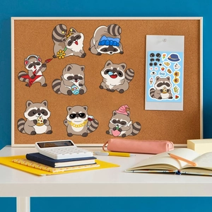 Cartoon raccoon DIY stickers set featuring eight different poses on a cork board background