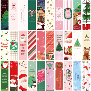 Macro display of thirty different cartoon Christmas bookmarks with festive holiday patterns