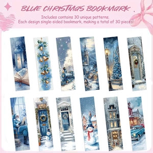 Grille détaillée de 30 marque-pages de Noël bleus avec illustrations de scènes d'hiver