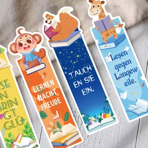 Cute cartoon animal bookmarks set with German inspirational quotes for creative reading