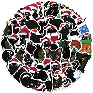 Pack of 50 waterproof cartoon Christmas black cat stickers for laptop and guitar decoration